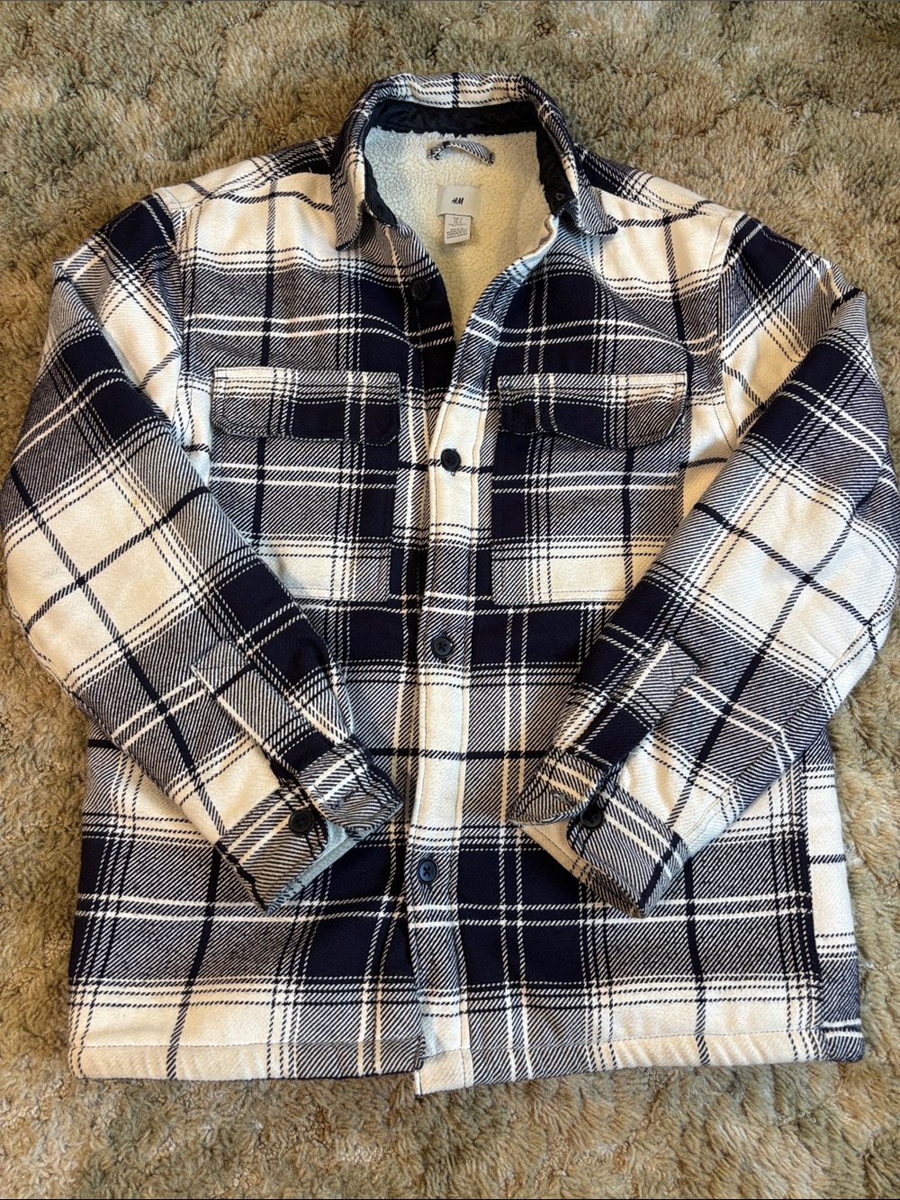 H&M Navy and White Plaid Sherpa-Lined Shirt Jacket